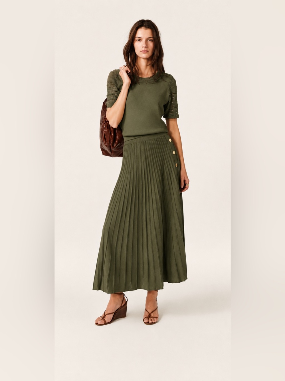 ba&sh Olive Pleated Maxi Skirt with Side Button Detail